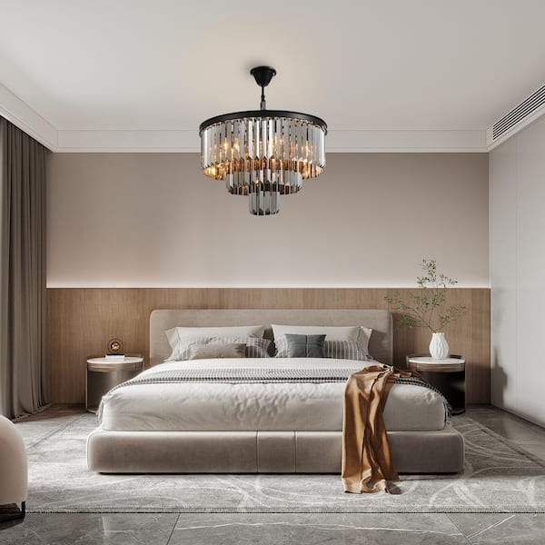 3-Tier Black and Smoked Crystal Chandelier 20 in. 6-Light Modern Kitchen Island Dining Table Pendant Lighting