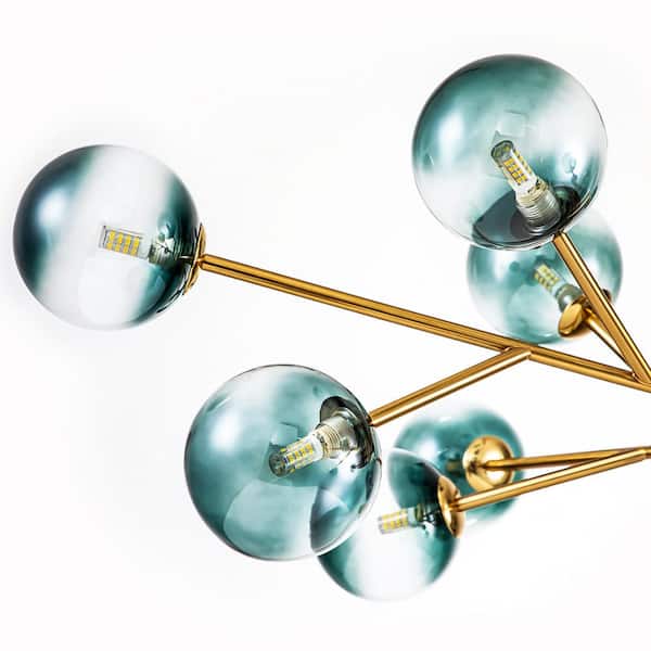 Higginsville 15-Light Farmhouse Gold Sputnik Sphere Linear Pendant Chandelier with Gradient Blue Glass Shade
