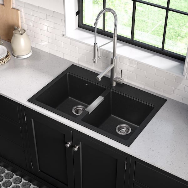 Quarza Black Onyx 33 Inch Drop-in / Undermount 50/50 Double Bowl Granite Kitchen Sink