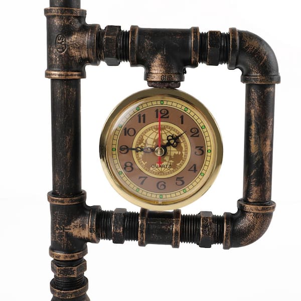 17 .3 in. H. Antique Brass Steampunk Industrial Retro Metal Water Pipe Table Lamp with Clock Style