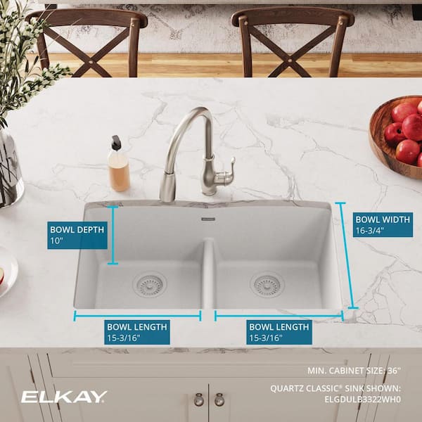 Quartz Classic White Quartz 33 in. Equal Double Bowl Undermount Kitchen Sink with Aqua Divide