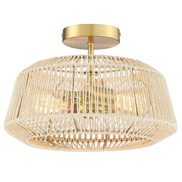 Bohe 14 in. 2-Light Rattan Semi-Flush Mount Ceiling Light with Brass Canopy