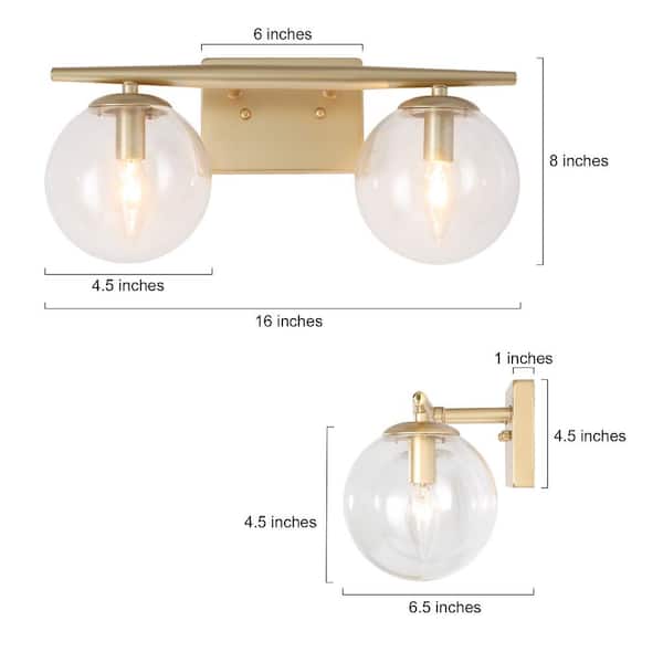 Mid-Century Globe Bathroom Vanity Light 2-Light Modern Brass Gold Round Wall Light with Clear Glass Shades