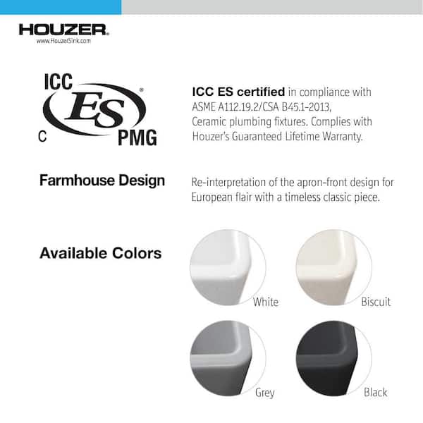 Houzer Farmhouse Apron Front 33 inch Fireclay Single Bowl Kitchen Sink, White, PTG-4300 WH