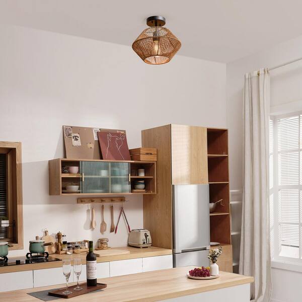 12 in. 1-Light Matte Black Flush Semi-Flush Mount Ceiling Light with Natural Twine Shade