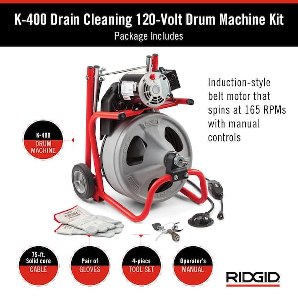 K-400 Drain Cleaning Snake Auger 120-Volt Drum Machine with C-32IW 3/8 in. x 75 ft. Cable + 4-Piece Tool Set & Gloves