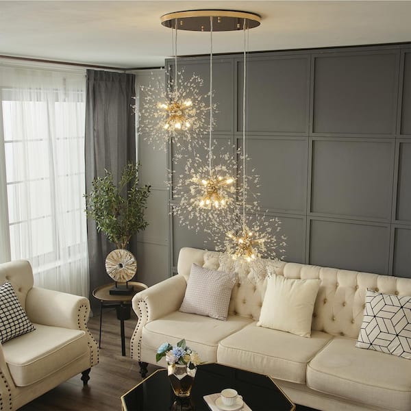 24-Light Integrated LED Gold Dandelion Firework Chandelier, 3-Globe Pendant Ceiling Lighting
