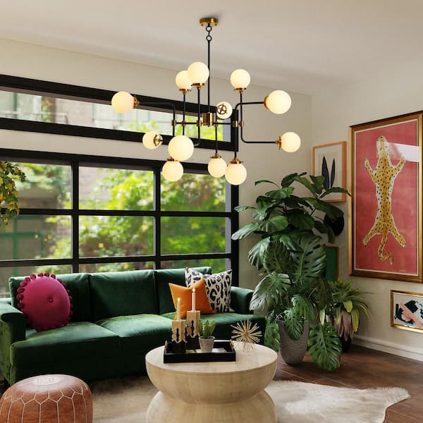 12-Light Black and Gold Modern Sputnik Chandelier with Opaline Shades