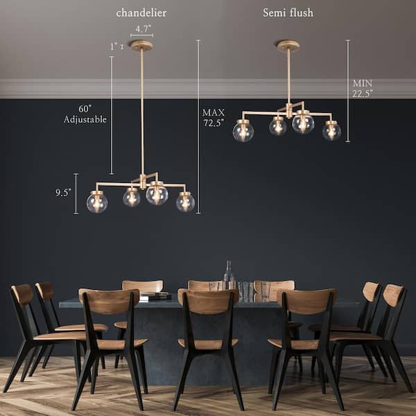Modern Gold Sputnik Bedroom Chandelier, 27.5 in. 4-Light Farmhouse Linear Globe Dining Room Chandeliers Semi flush Mount
