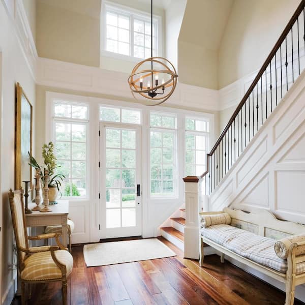 Farmhouse Chandelier 4-Light Globe Cage Classic Black Candlestick Island Pendant Chandelier with Faux Wood Accent