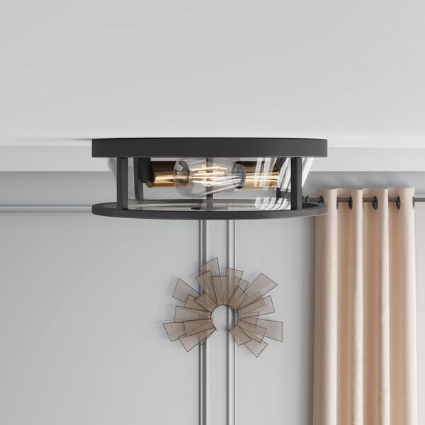 13 in. 2-Light Industrial Black Flush Mount Ceiling Light Fixture with Glass Shade