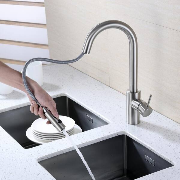 Single-Handle Pull-Down Sprayer Kitchen Faucet with 2-Function Sprayhead in Brushed Nickel