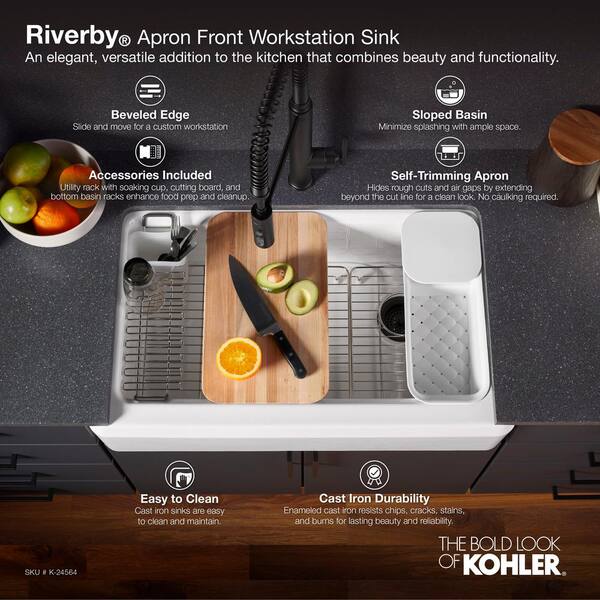 Riverby White Cast Iron 35.6875 in. Single Bowl Farmhouse Apron Kitchen Sink
