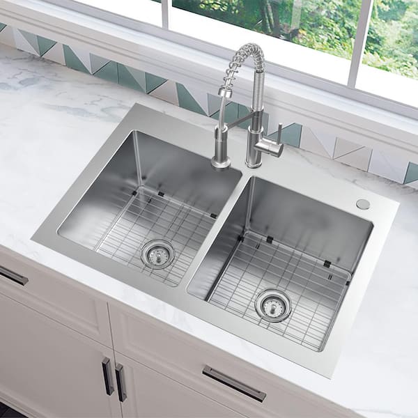 AIO Tight Radius Drop-In/Undermount 18G Stainless Steel 33 in. 50/50 Double Bowl Kitchen Sink with Spring Neck Faucet