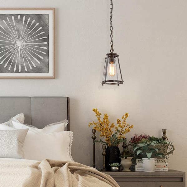 Asaf 1-Light Oil-Rubbed Bronze Mini Lantern Pendant Light with Seeded Glass Shade