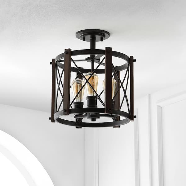 Ferme 14 in. 3-Light Iron Rustic Farmhouse LED Flush Mount, Brown/Oil Rubbed Bronze