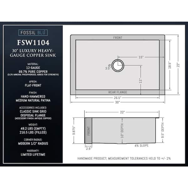 Luxury Medium Patina 12-Gauge Copper 30 in. Single Bowl Farmhouse Apron Kitchen Sink with Accs and Flat Front