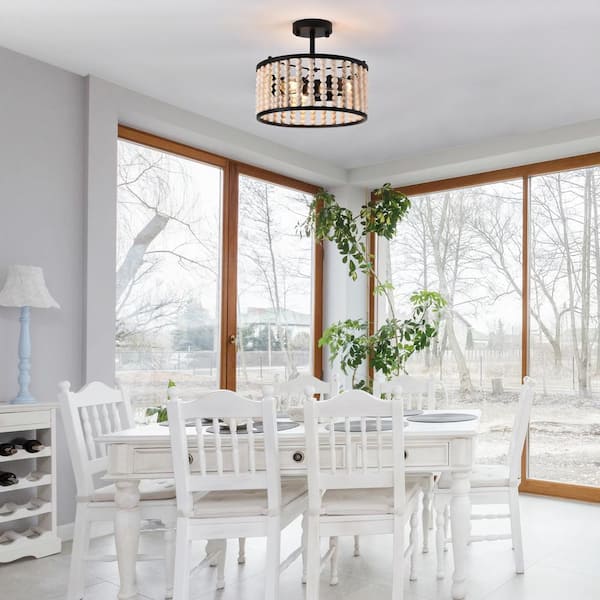 13 in. 3-Light Matte Black Wood Bead Semi-Flush Mount Ceiling Light Farmhouse Boho Light Fixture