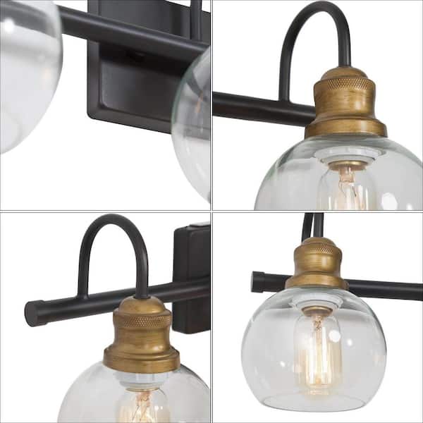 22 in. 3-Light Modern Aged Brass and Black Bathroom Vanity Light with Clear Glass Globe Shades