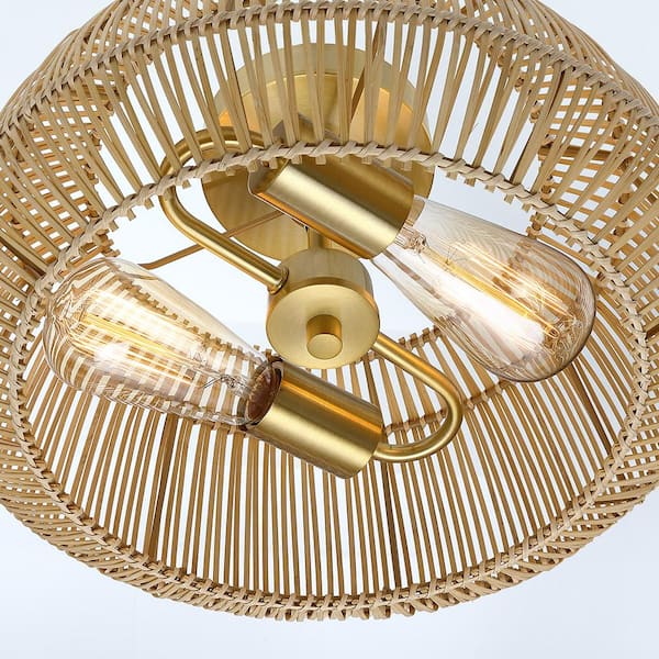Rhett 14 in. 2-Light Brass Bohemian Rattan Semi-Flush Mount Ceiling Light