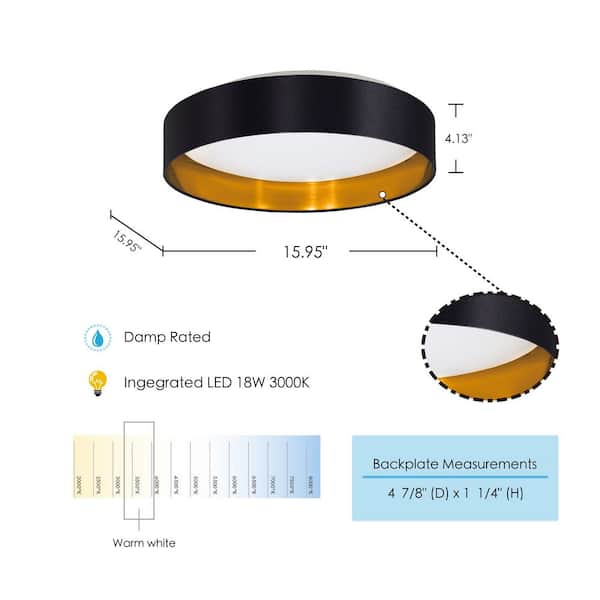 Maserlo 15.95 in. W x 4.125 in. H Black/Gold LED Semi-Flush Mount with White Plastic Diffuser