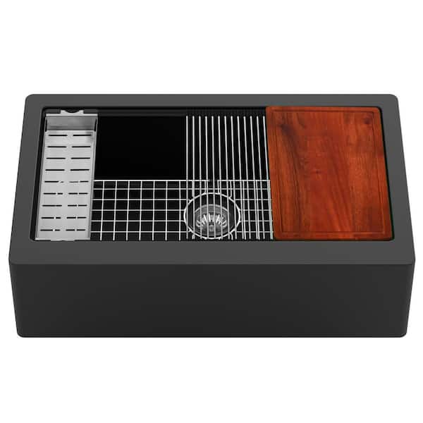 QAWS- 740 Quartz 34 in. Single Bowl Farmhouse Apron Front Workstation Kitchen Sink in Black