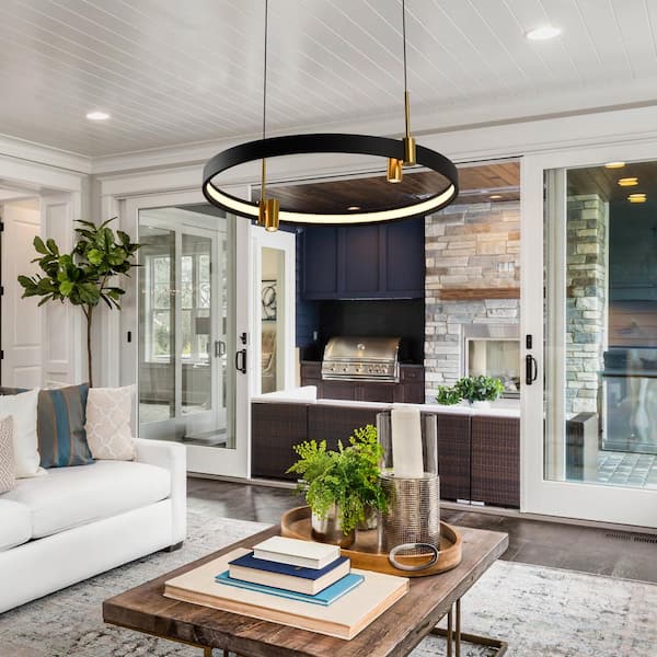 Tania 23 in. ETL Certified Integrated LED Black Chandelier Light Fixture with 2 Adjustable Spotlights in Antique Brass