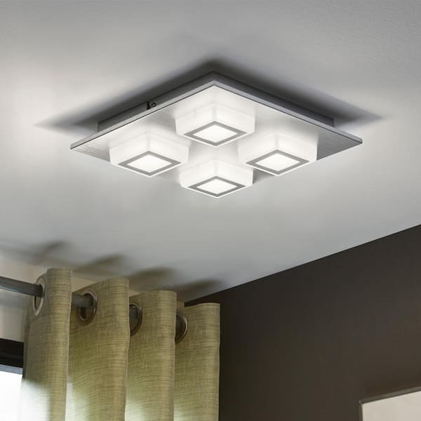 Masiano 10.625 in. W 4-Light Brushed Aluminum Integrated LED Semi-Flush Mount Light with White Shades