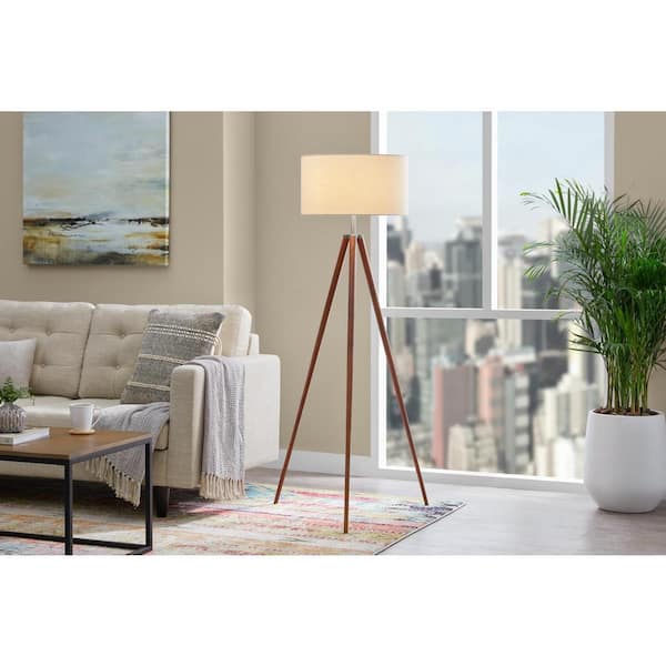 Drakewood 60.5 in. Walnut Wood Tripod Floor Lamp