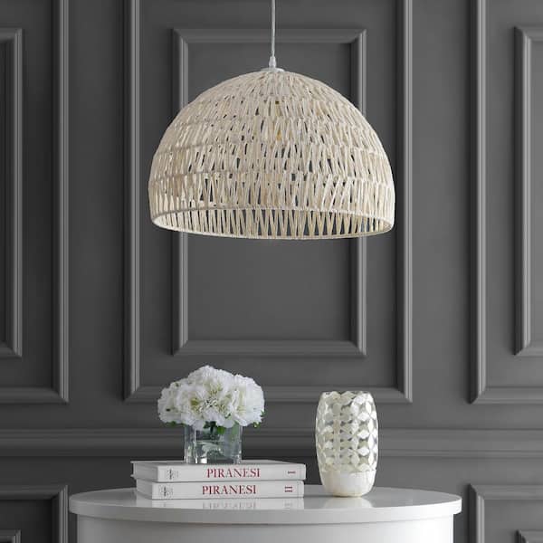 Campana 20 in. Woven Rattan Dome LED Pendant-Light, Cream
