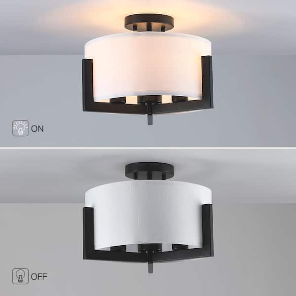14 in. 3-Light Matte Black Semi-Flush Mount Ceiling Light with Drum Shade