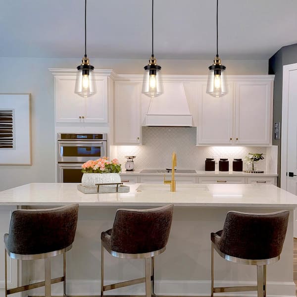 Modern Kitchen Island Chandelier Pendant Light 1-Light Black and Brass Cylinder Pendant Light with Clear Glass Shade