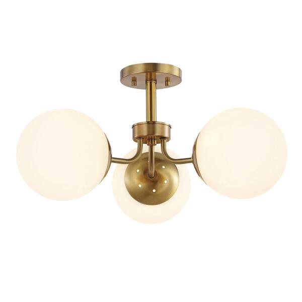 Olivier 23.5 in. 3-Light Brass Gold Bohemian Farmhouse Iron/Frosted Glass LED Semi Flush Mount, White