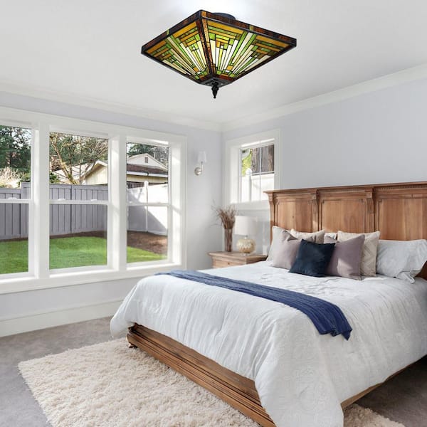 13.78 in. 2-Light Vintage Elegant Multi-Colored Stained Glass Semi-Flush Mount Ceiling Light