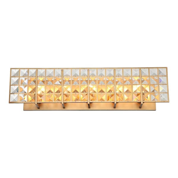 Modern Powder Bath Room Vanity Light, 34.2 in. 5-Light Gold Wall Sconce Light with Rectangle Crystal Shade