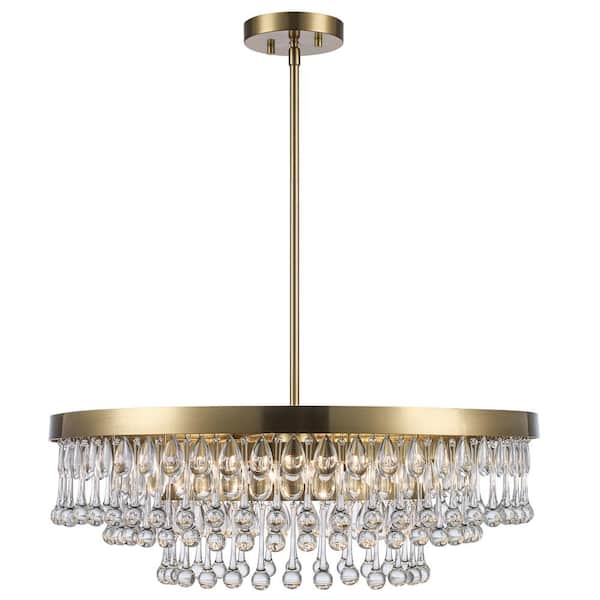 4-Light Brass and Tiered Crystal Pendant Light Fixture with Hanging Crystal Beaded Shade