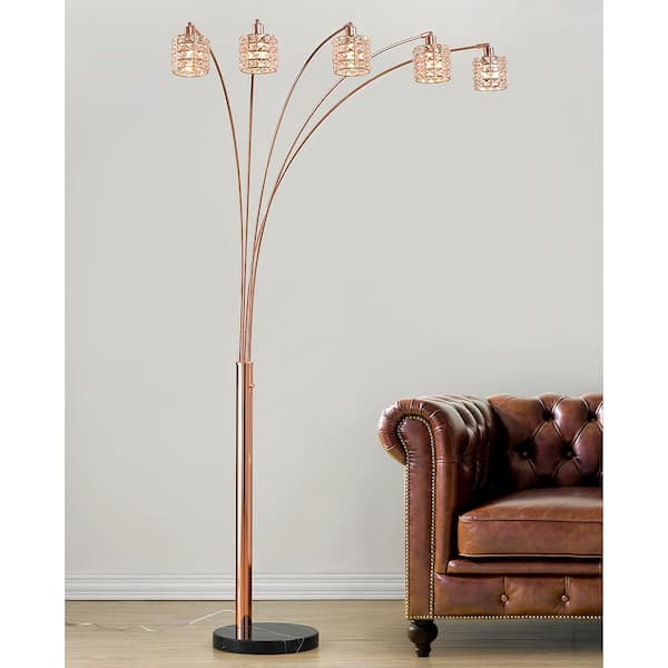 Flair 85 in. H Rose Copper Finish LED Dimmable 5-Light Crystals Arch Floor Lamp with LED Bulbs