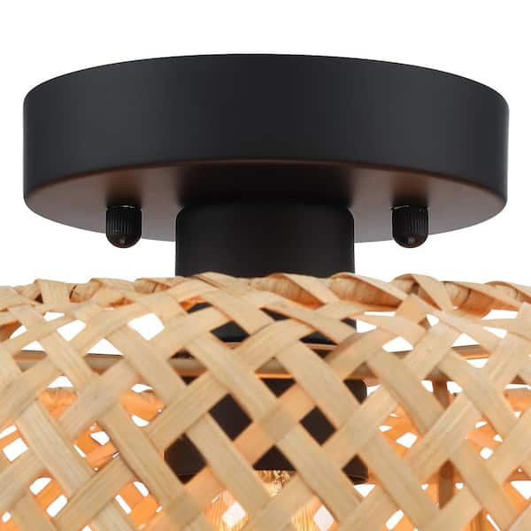 Bungalo 12 in. 1-Light Black/Wheat Bohemian Bamboo Semi-Flush Mount Light with Black Hardware