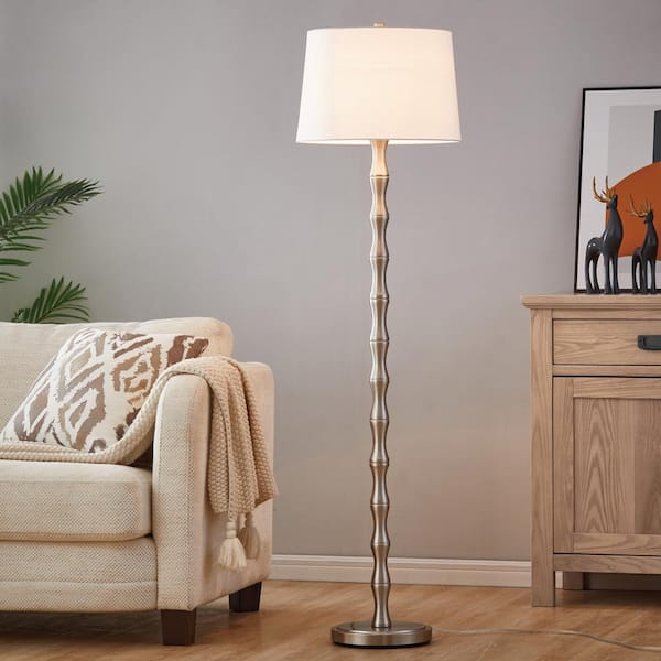 61 in. Brushed Nickel Floor Lamp with White Fabric Shade