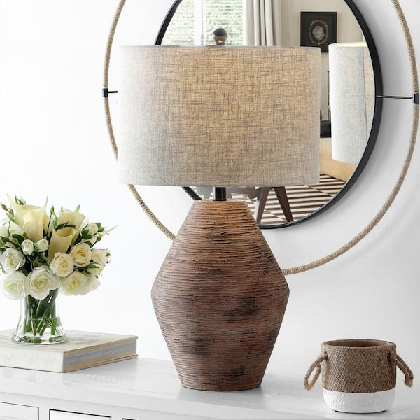 Detris 26.25 in. Brown Table Lamp with Oatmeal Shade