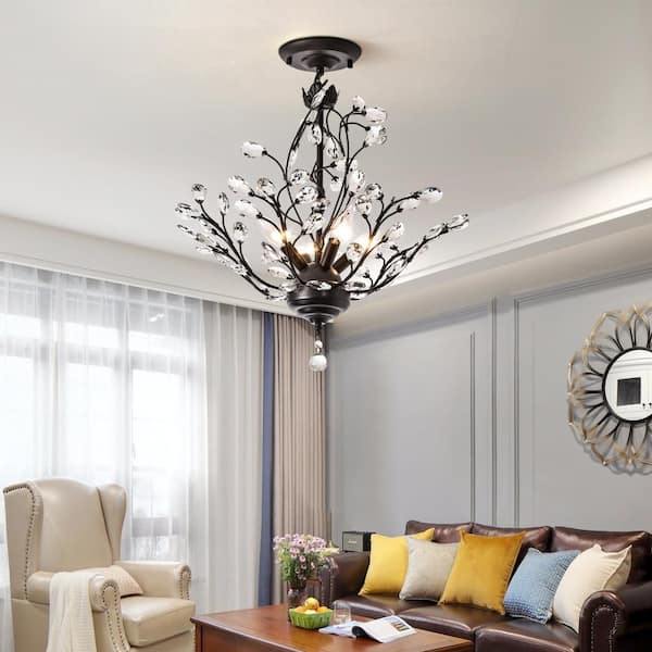 Chicago 18.1 in. 4-Light Black Unique/Statement Tiered Semi Flush Mount With Crystal Accents