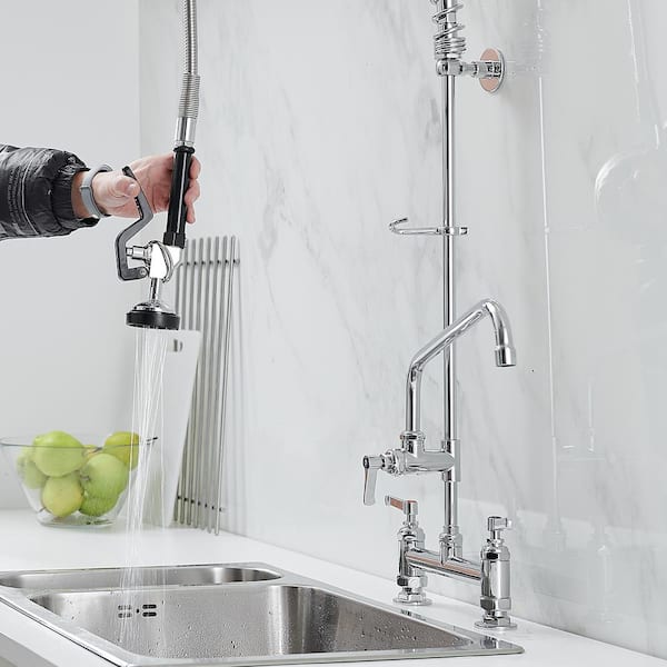 Commercial Restaurant Pull Down 2-Handle Wall Mount Pre-Rinse Spray Utility Kitchen Faucet in Polished Chrome