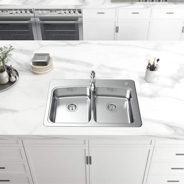 All-in-1-Drop-In Stainless Steel 33 in. 2-Hole 50/50 Double Bowl Kitchen Sink with Pull-Out Faucet
