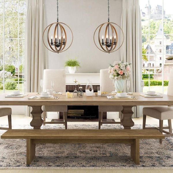 Farmhouse Black Chandelier Globe Cage Candlestick 4-Light Rustic Island Pendant Chandelier with Faux Wood Accent