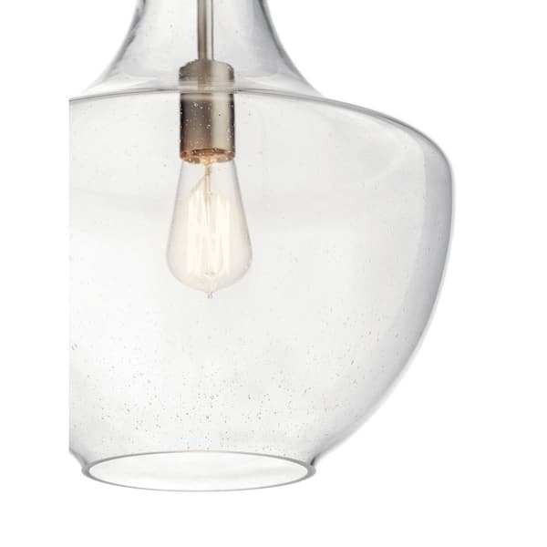 Everly 19.75 in. 1-Light Brushed Nickel Transitional Shaded Kitchen Bell Pendant Hanging Light with Clear Seeded Glass