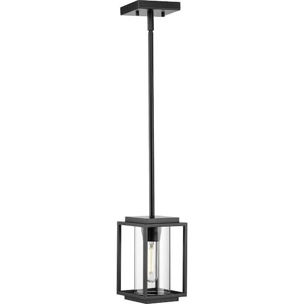 Macstreet 8.25 in. 1-Light Matte Black Transitional Hanging Lantern with Clear Glass Shade