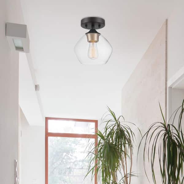 Harrow 1-Light Matte Black Semi-Flush Mount Ceiling Light with Gold Accent Socket and Clear Glass Shade