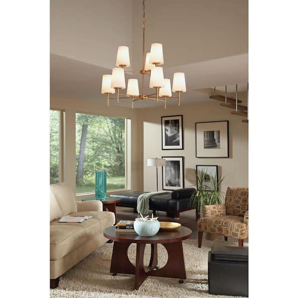 Driscoll 9-Light Satin Brass Mid-Century Modern Hanging Chandelier with Inside White Painted Etched Glass