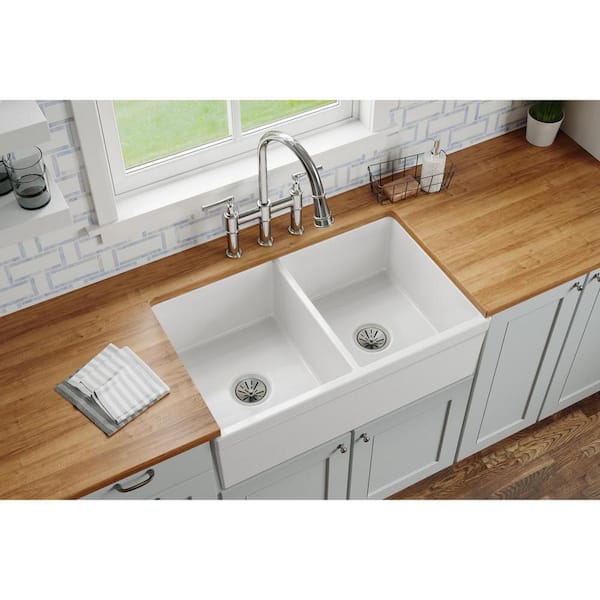 Explore Farmhouse Apron Front Fireclay 33 in. Double Bowl Kitchen Sink in White