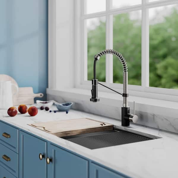 Spot Free 18-Inch Kitchen Faucet with Dual Function Pull-Down Sprayhead in all-Brite Stainless Steel/Matte Black Finish